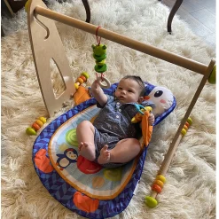 Adjustable Wooden Infant Play Gym with Frog Pull Toy | Perfect for Tummy Time & Floor Play