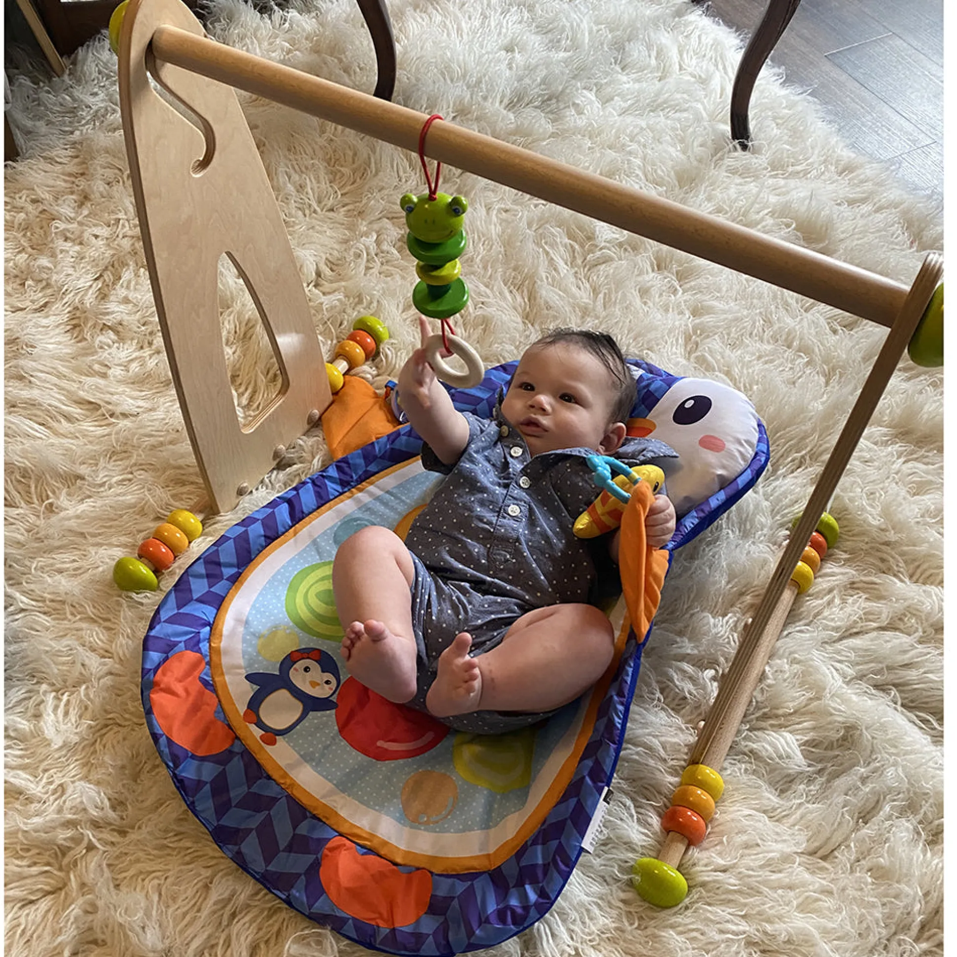 Adjustable Wooden Infant Play Gym with Frog Pull Toy | Perfect for Tummy Time & Floor Play