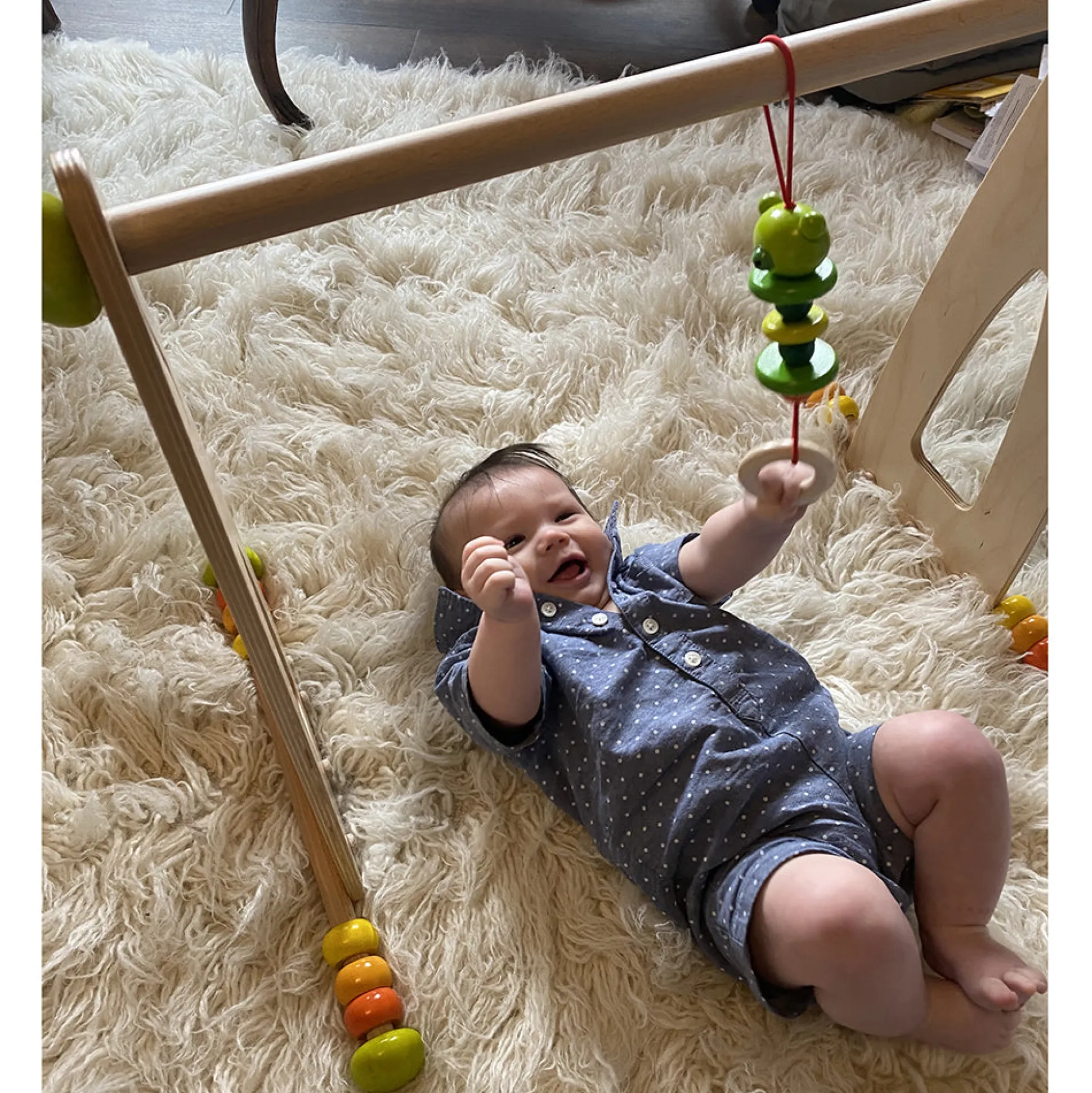 Adjustable Wooden Infant Play Gym with Frog Pull Toy | Perfect for Tummy Time & Floor Play