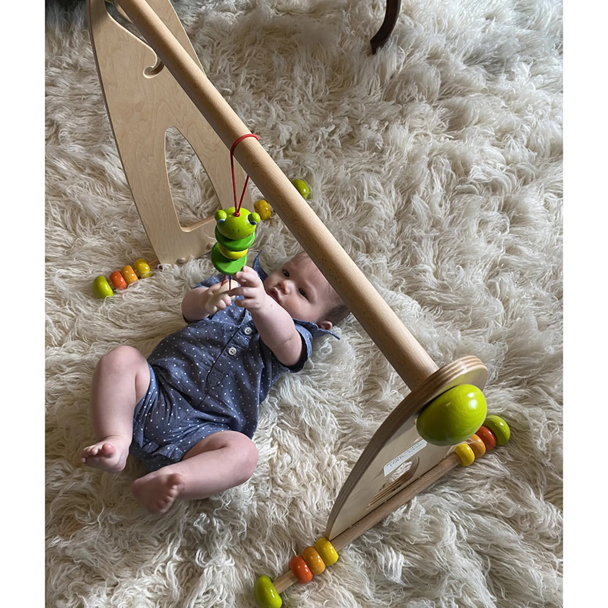 Adjustable Wooden Infant Play Gym with Frog Pull Toy | Perfect for Tummy Time & Floor Play