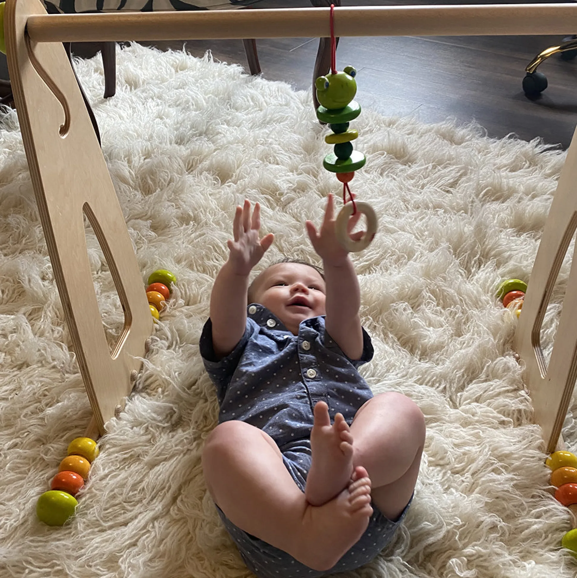 Adjustable Wooden Infant Play Gym with Frog Pull Toy | Perfect for Tummy Time & Floor Play
