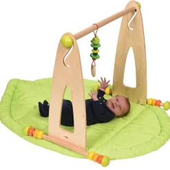 Adjustable Wooden Infant Play Gym with Frog Pull Toy | Perfect for Tummy Time & Floor Play