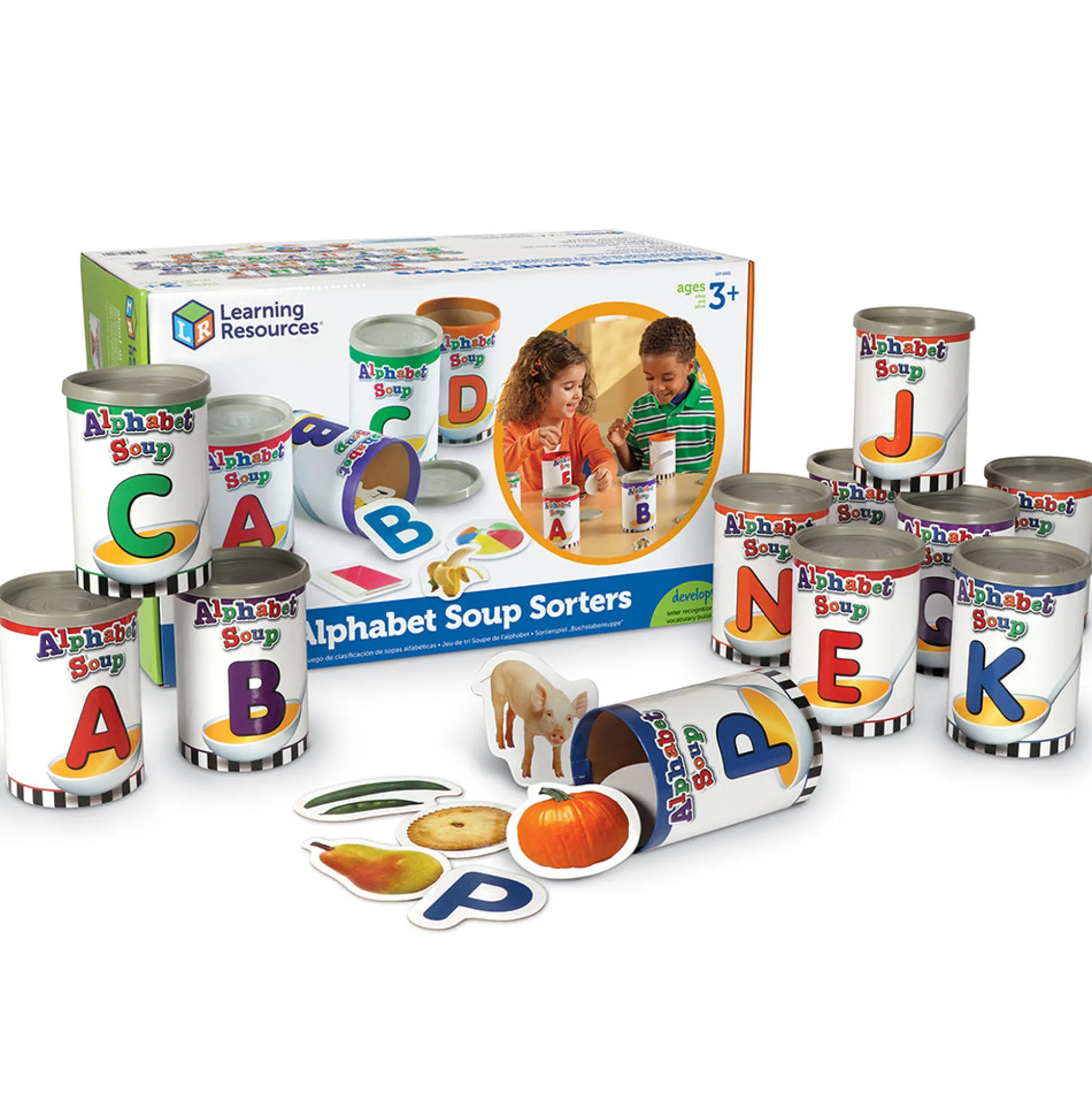 Alphabet Soup Sorters | 26 Color-Coded Cans with Letters & Photo Cards