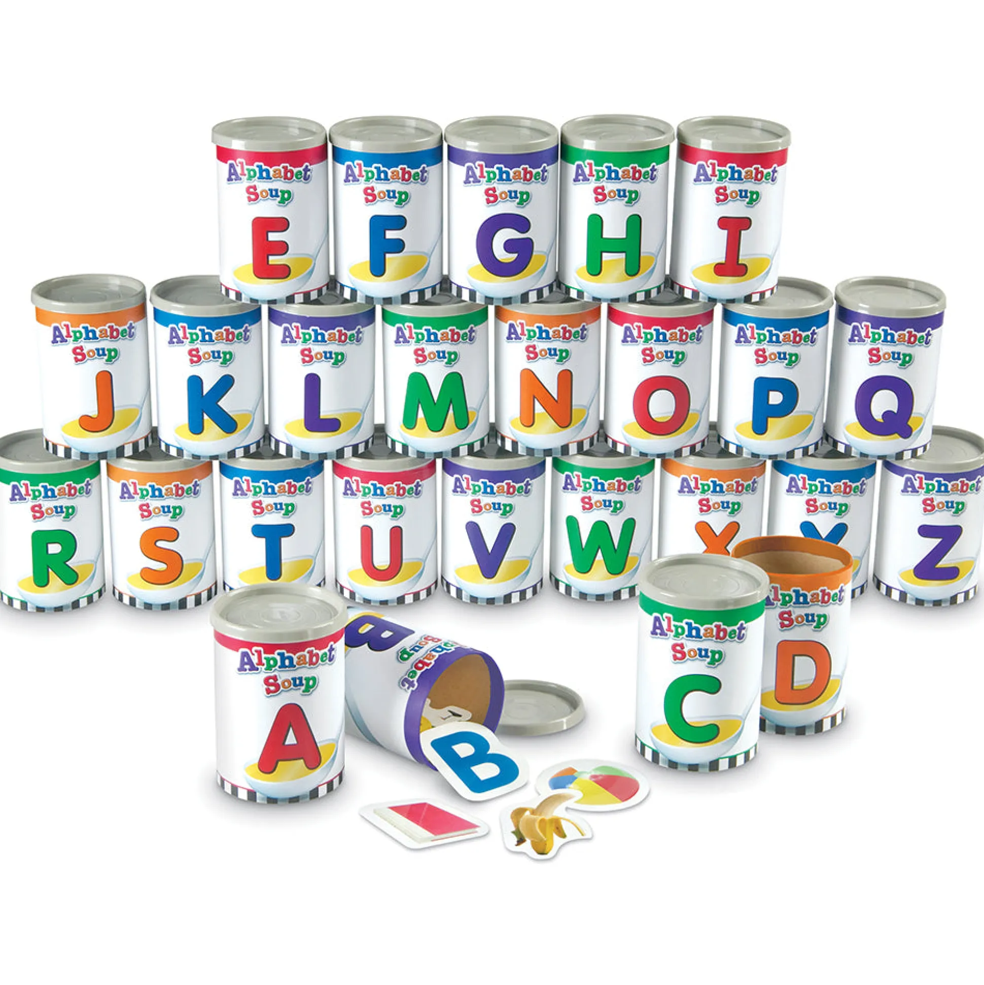 Alphabet Soup Sorters | 26 Color-Coded Cans with Letters & Photo Cards