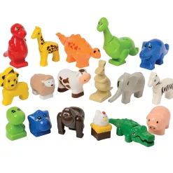 Animals for Preschool Building Bricks | 17-Piece Dinosaur, Wild & Farm Animal Play Set