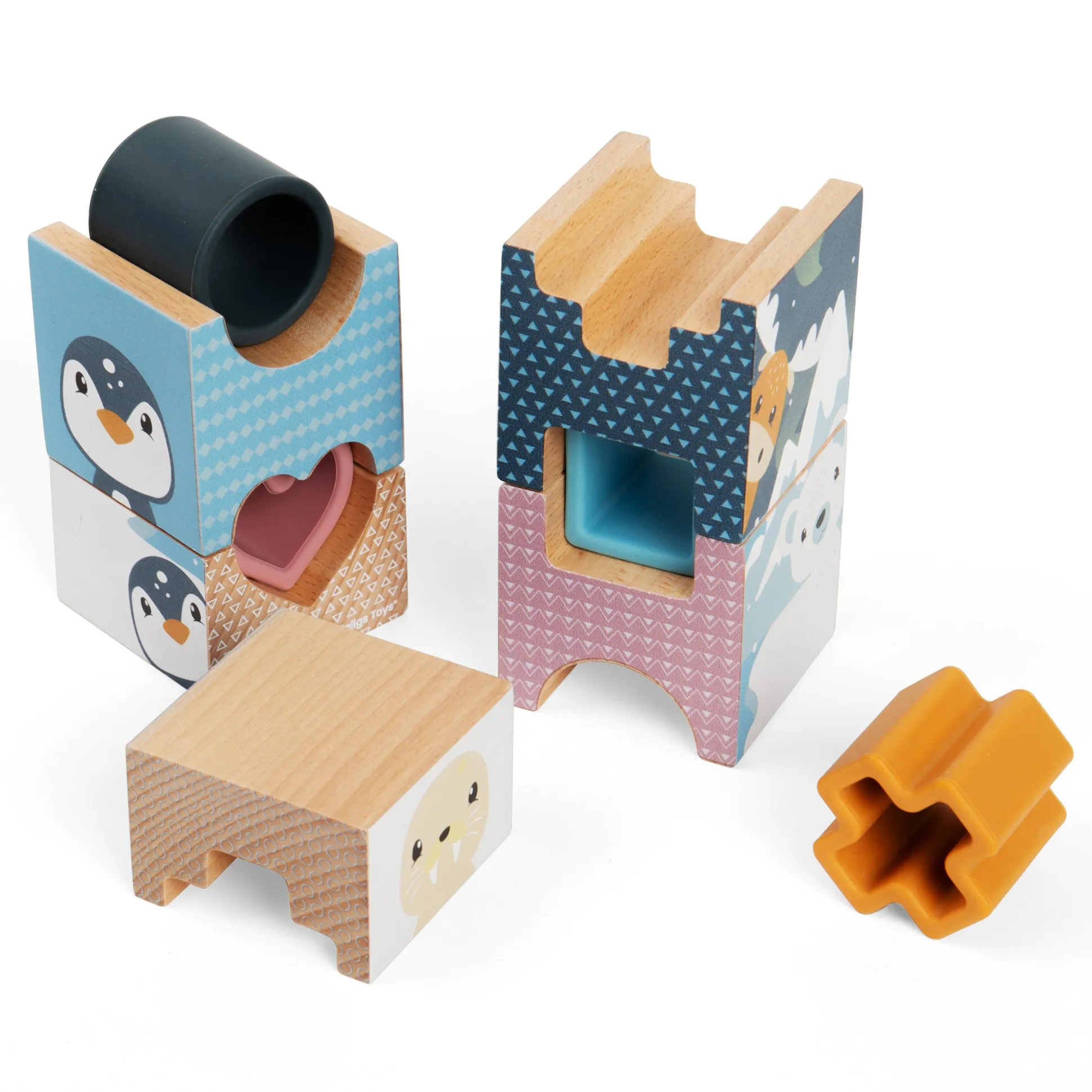 Arctic Tower Puzzle | 9 Piece Silicone & Wooden Shape Sorter Stacking Toy with Arctic Animal Designs