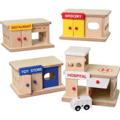 Block Play Community Set with Hospital, Grocery Store, Restaurant & Toy Store