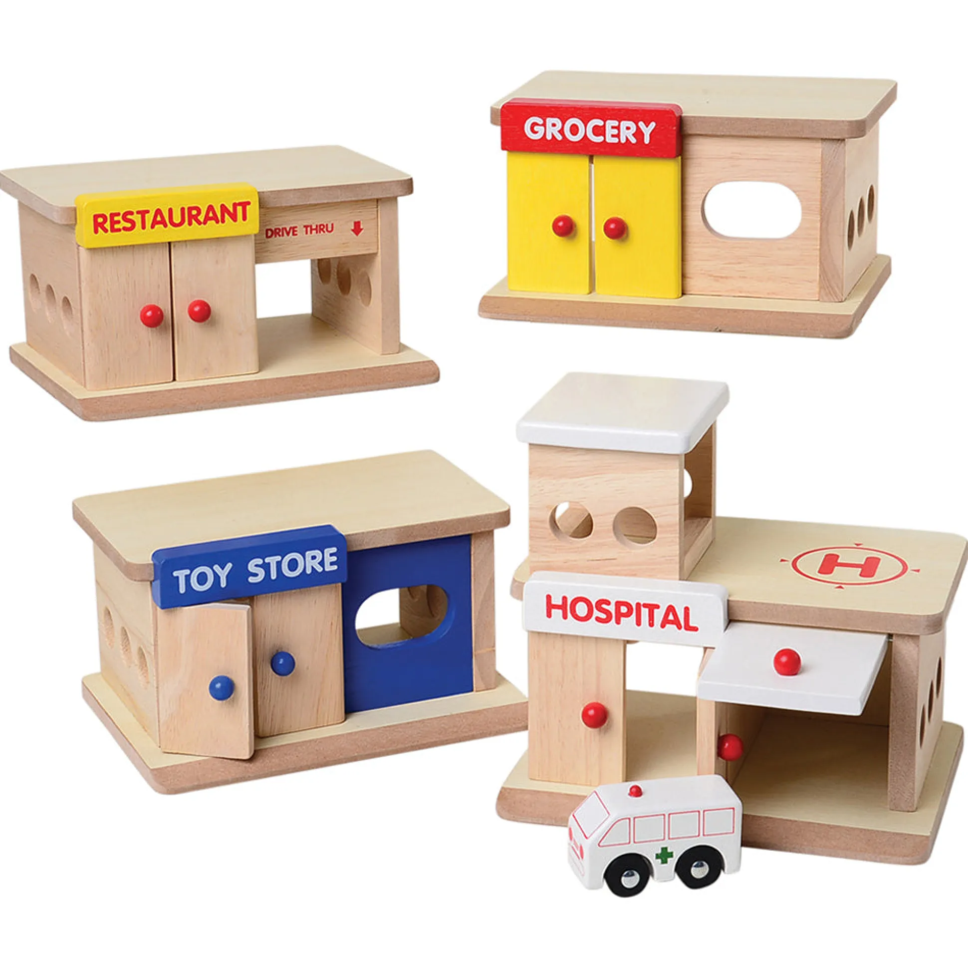 Block Play Community Set with Hospital, Grocery Store, Restaurant & Toy Store