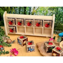 Bug Hotel 10-Frame Wooden Counting Toy | Nature-Inspired Math Learning Set with 10 Bug Cubes