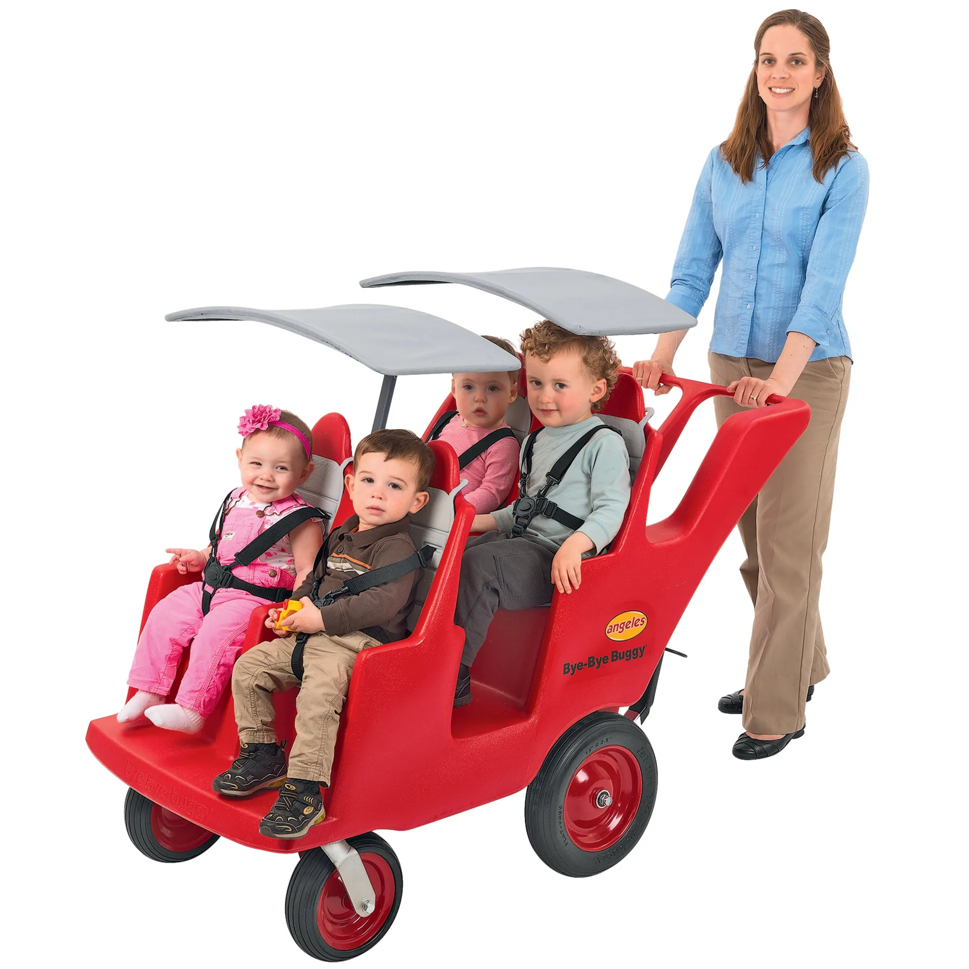 Bye Bye Buggy® 4-Passenger Stroller | Red with Gray Cushions | Easy-Maneuver Multi-Child Transport Buggy