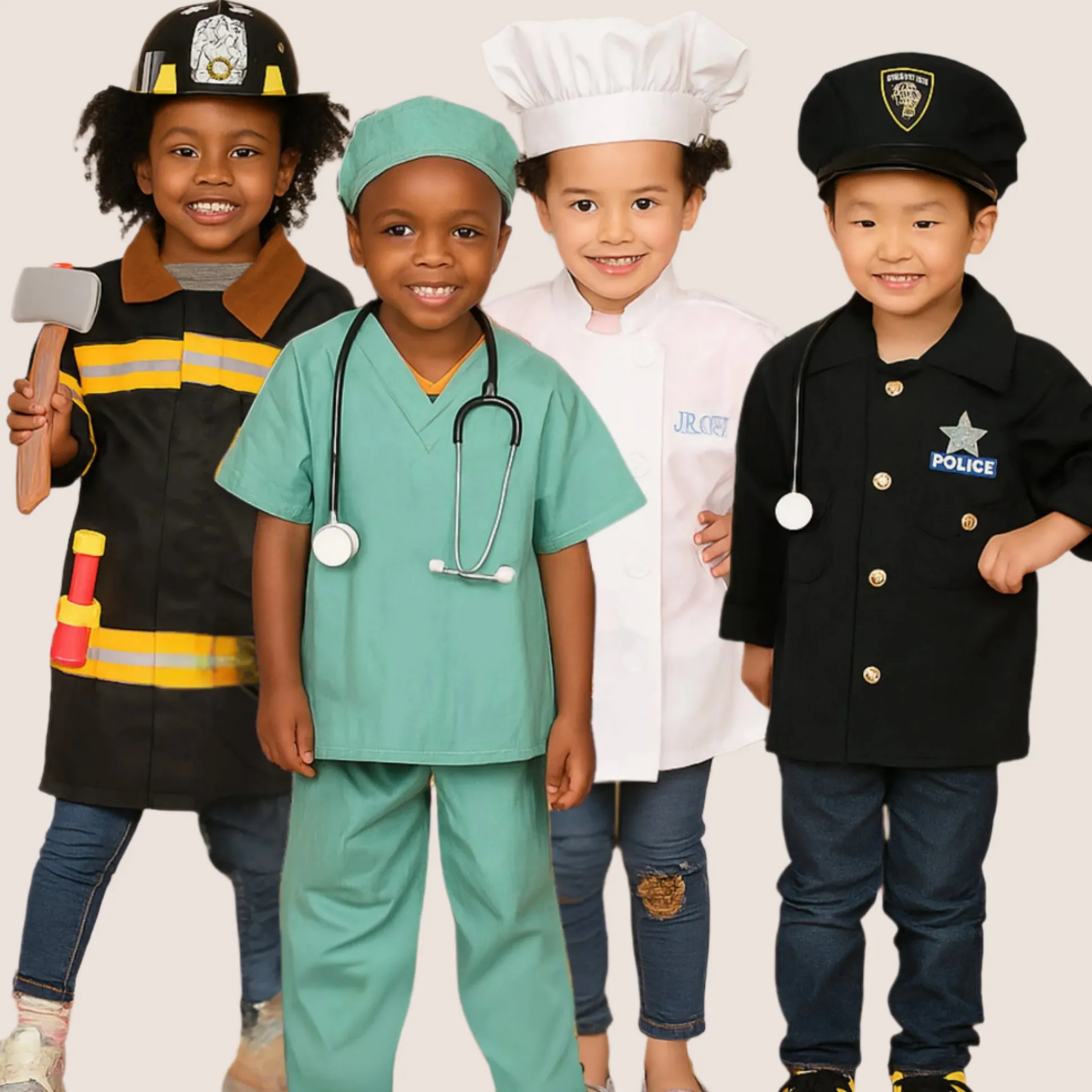 Career Role Play Dress-Up Bundle | 4-Piece Kids Costumes with Police, Firefighter, Surgeon & Chef Outfits