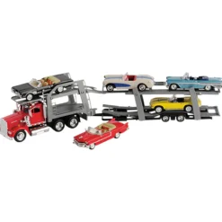 Classic Car Transport Truck Playset with 6 Die-Cast Convertibles – 18