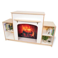 Classroom Warm And Welcoming Fireplace | Cozy White Display with Adjustable Shelves & Book Storage