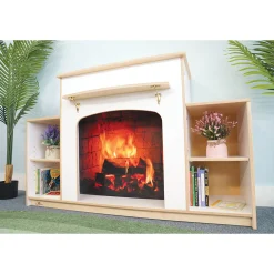 Classroom Warm And Welcoming Fireplace | Cozy White Display with Adjustable Shelves & Book Storage