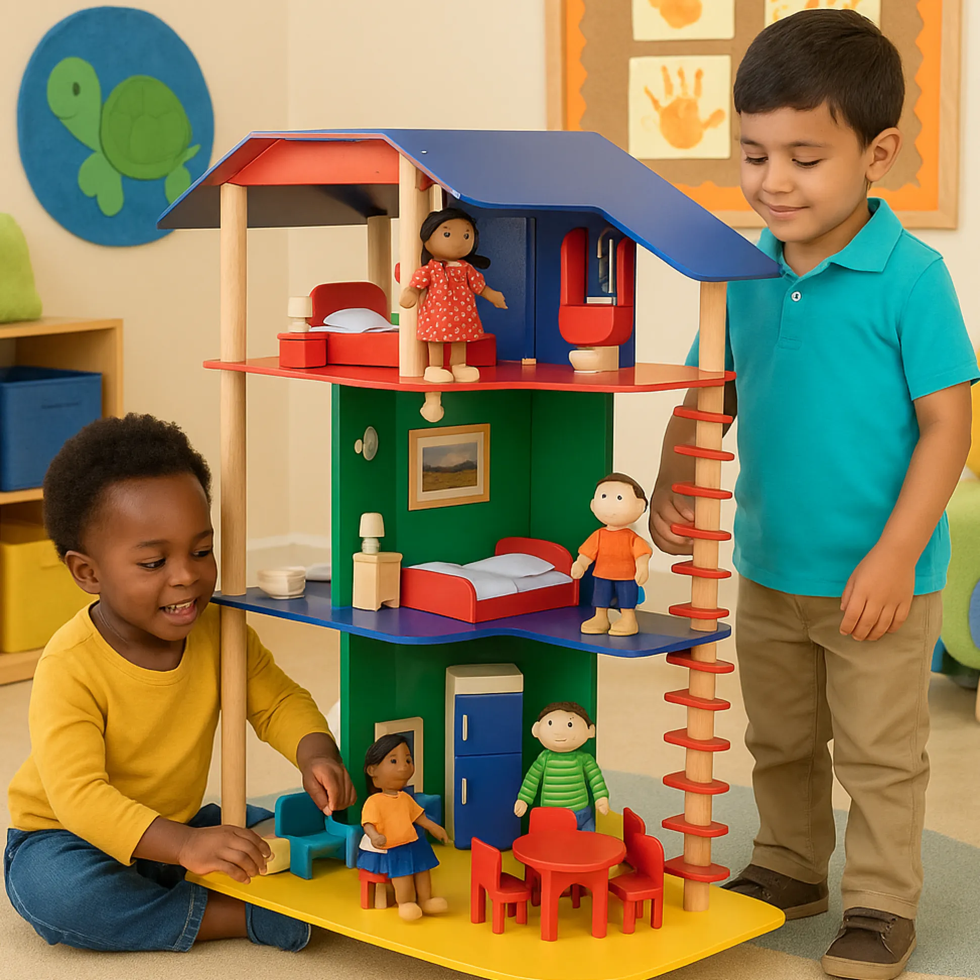 Collaborative Wooden 3-Story Playhouse - Furniture Included