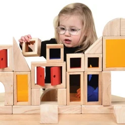 Colored See-Thru Wooden Blocks | 21-Piece Hardwood & Acrylic Building Set
