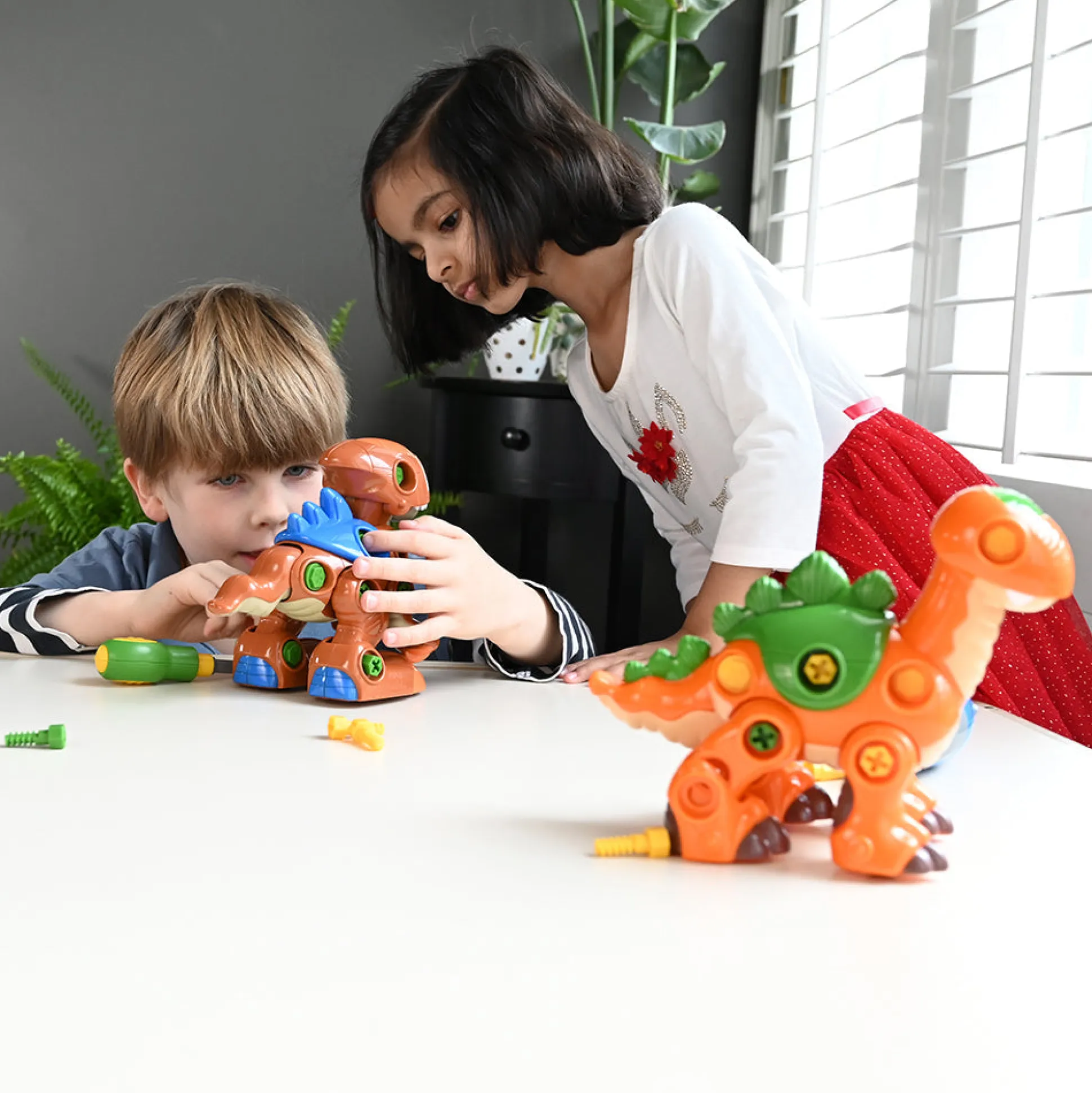 Create-A-Dino Construction Play Set | Build & Roll T-Rex and Stegosaurus with Tools