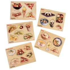 Cultural Food Wooden Knob Puzzle 5-Piece Set | Global Cuisine Toddler Peg Puzzles