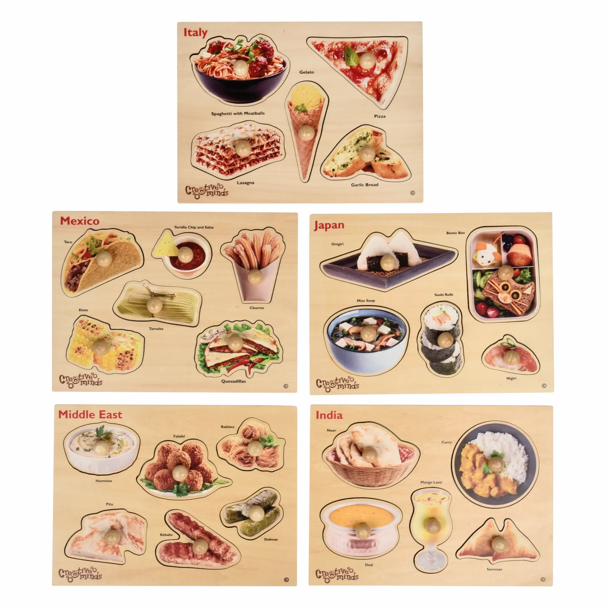 Cultural Food Wooden Knob Puzzle 5-Piece Set | Global Cuisine Toddler Peg Puzzles