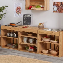 Curiosity Farmhouse Kitchen Set | Wooden Pretend Play Center with Mud Kitchen, Shelving & Fireplace