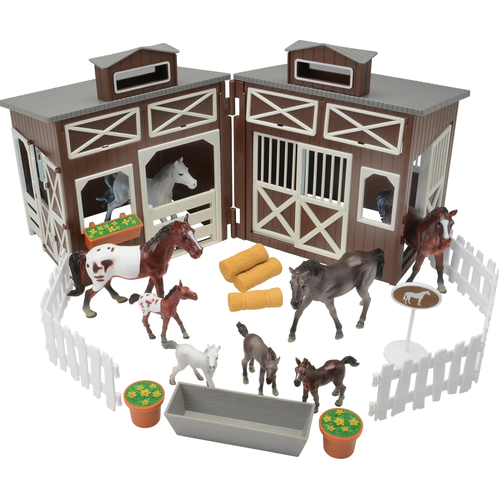 Deluxe Horse Stable Play Set | 4 Horses, 4 Ponies, White Corral & Accessories