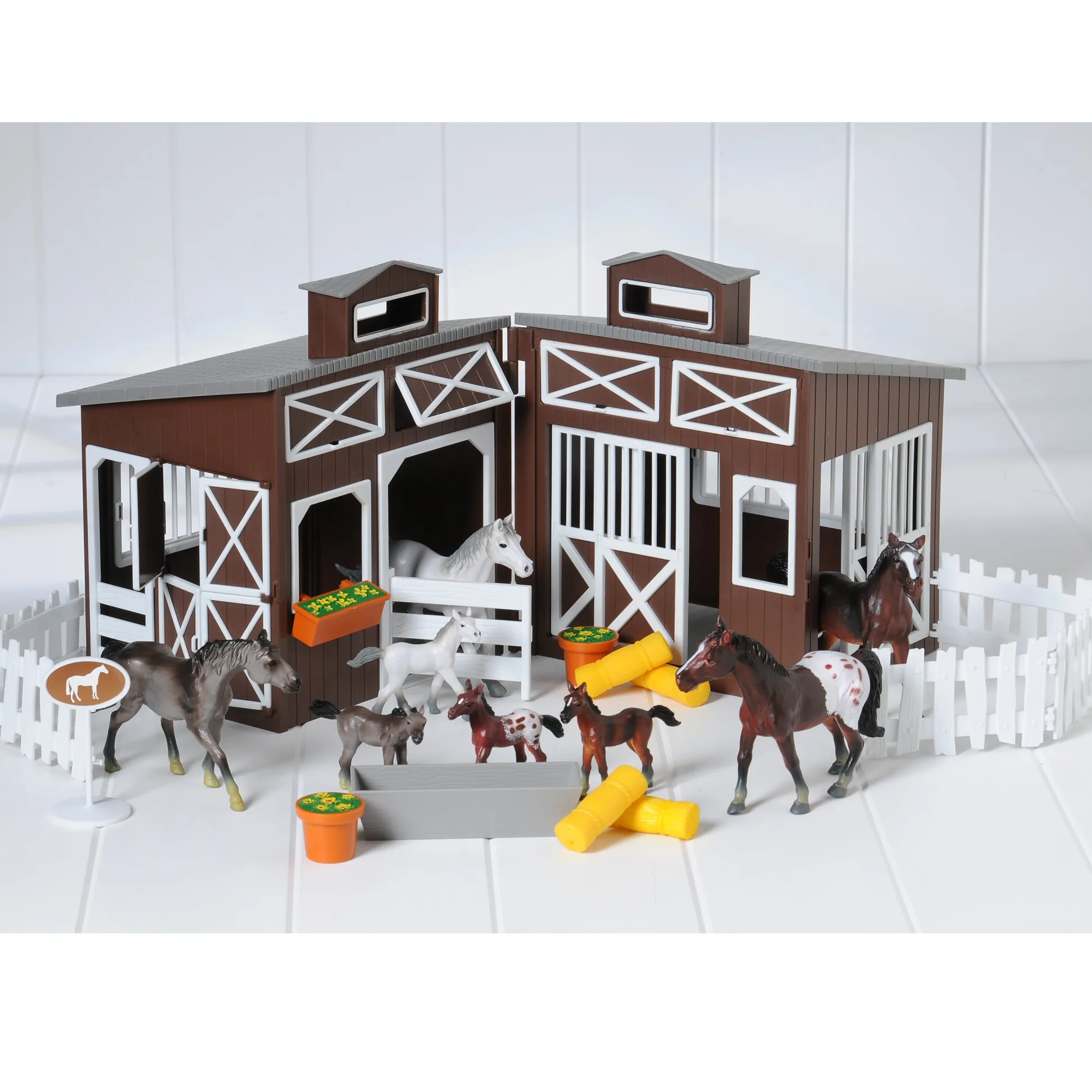 Deluxe Horse Stable Play Set | 4 Horses, 4 Ponies, White Corral & Accessories