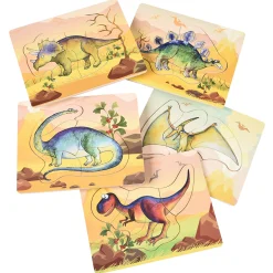 Dinosaur Friends Wooden Puzzles | Set of 5 with Easy-Grasp Raised Pieces