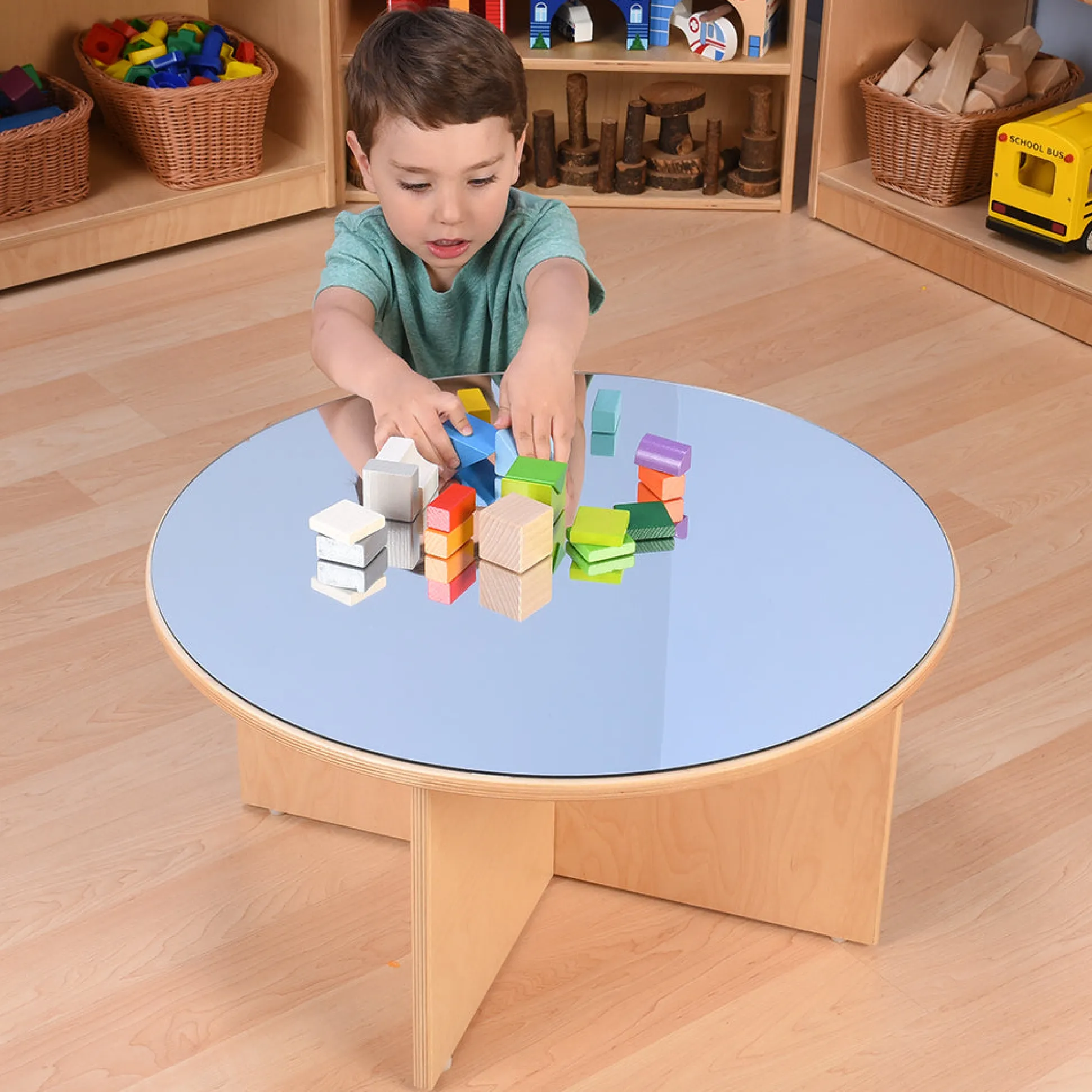 Eco-Friendly Wooden Round Table with Shatterproof Mirror Top