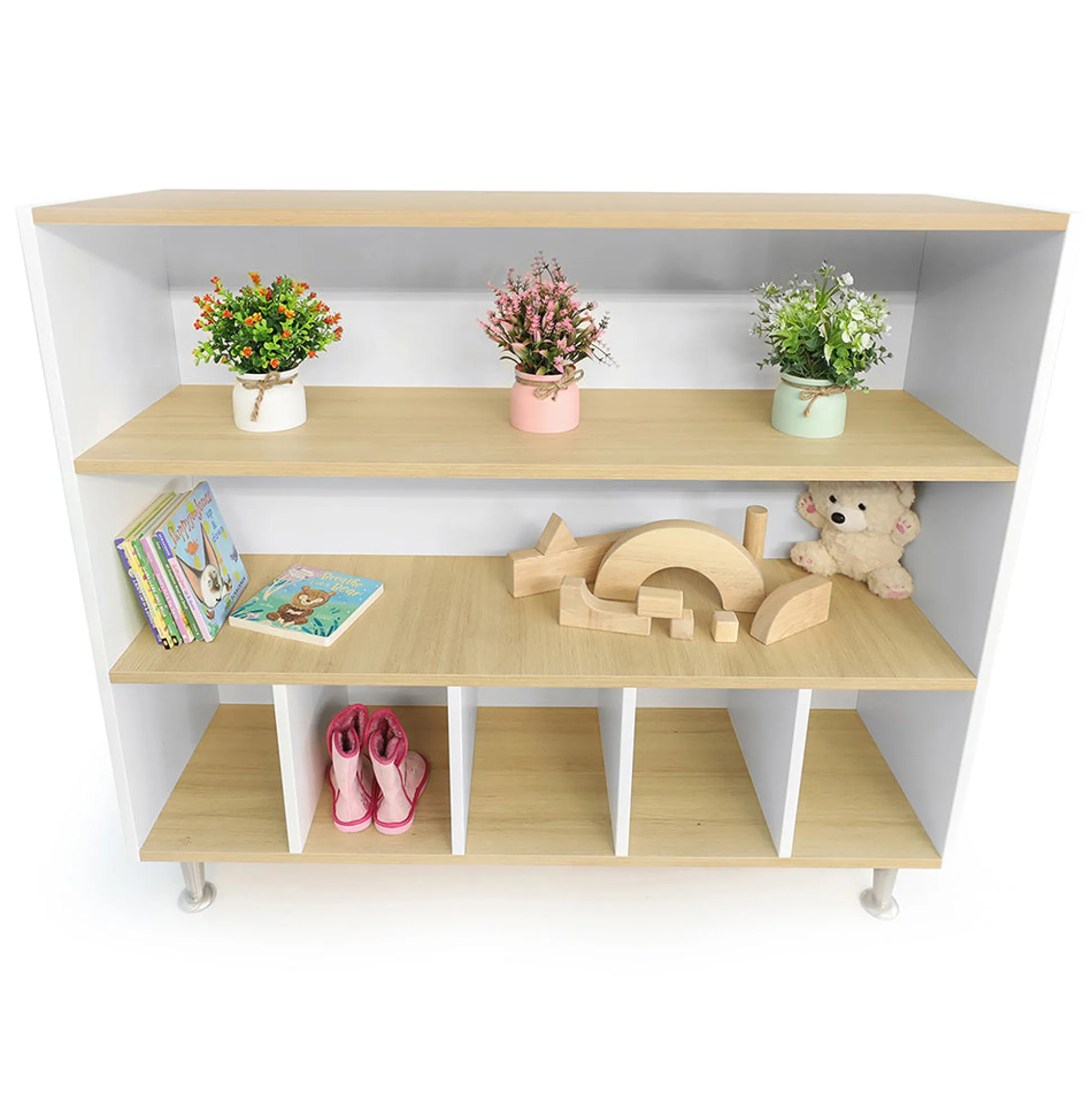 elevatED™ Cubby & Shelf Cabinet | Classroom Storage with Two Open Shelves & Five Large Cubbies