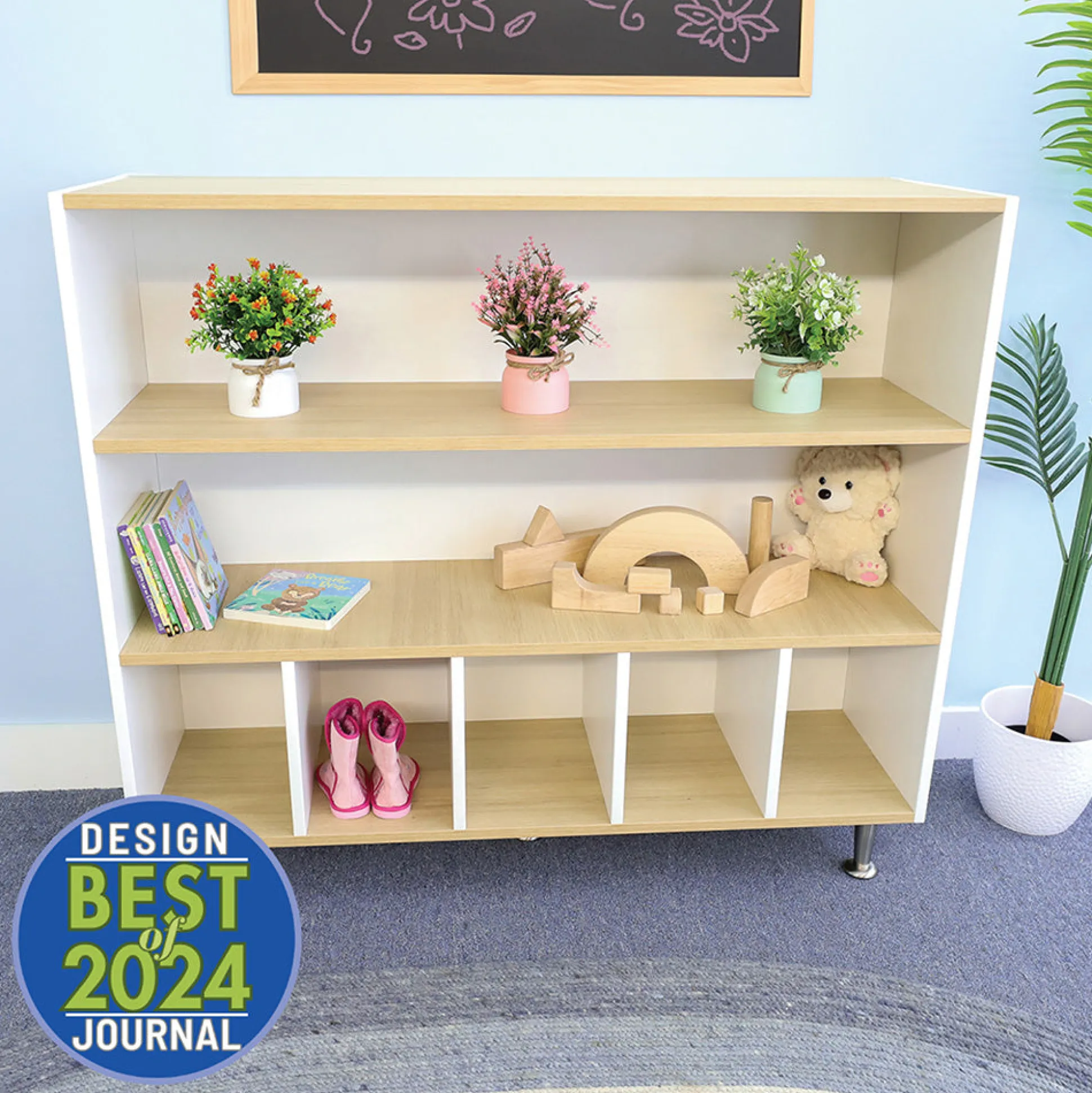 elevatED™ Cubby & Shelf Cabinet | Classroom Storage with Two Open Shelves & Five Large Cubbies