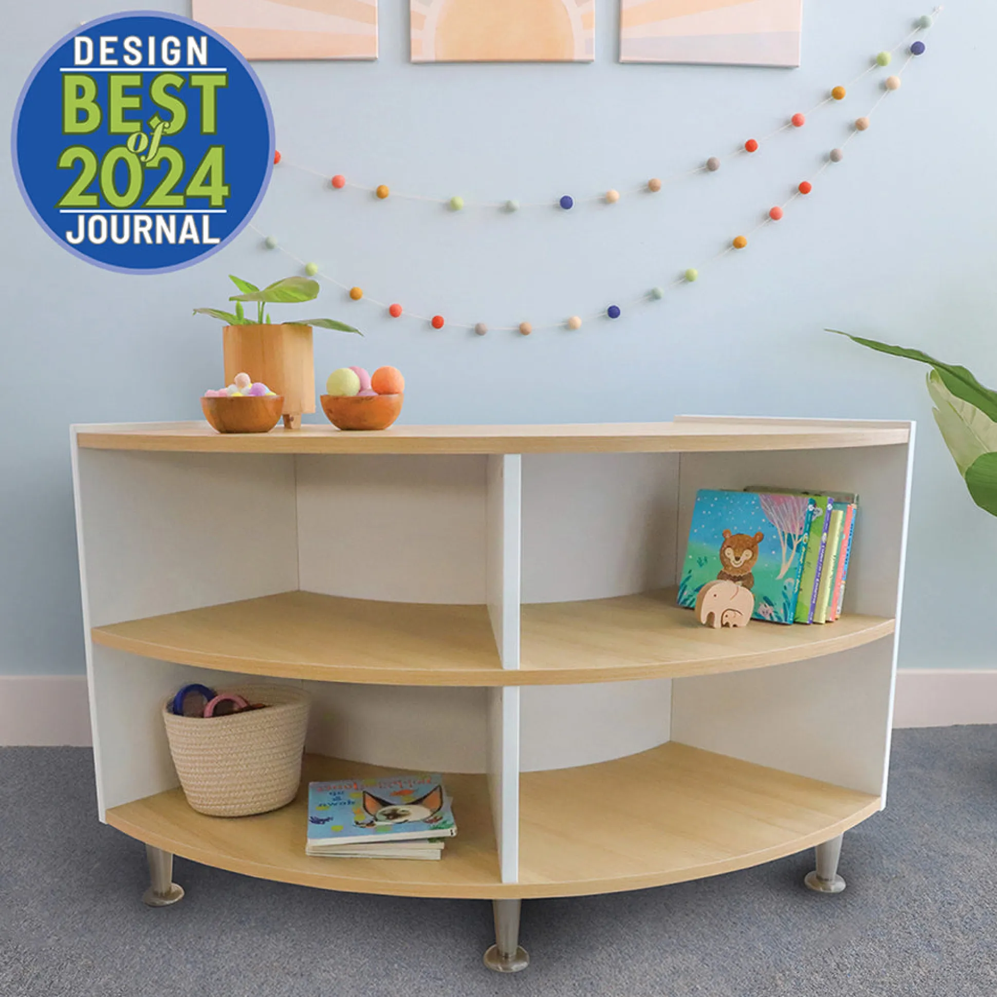 elevatED™ Curve In Storage Cabinet | 27" High Modern Curved Classroom Storage with Fixed Shelves