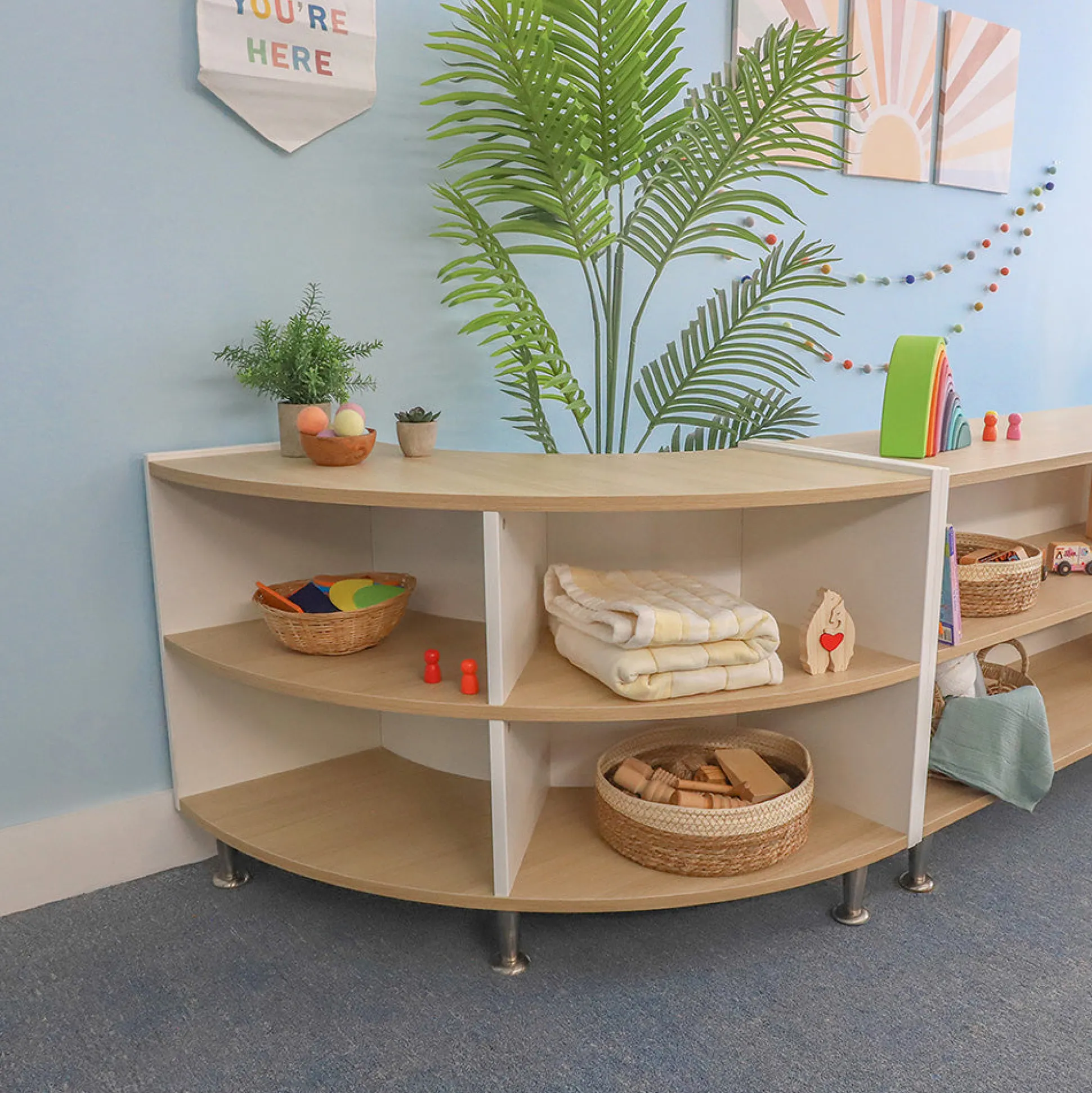 elevatED™ Curve In Storage Cabinet | 27" High Modern Curved Classroom Storage with Fixed Shelves