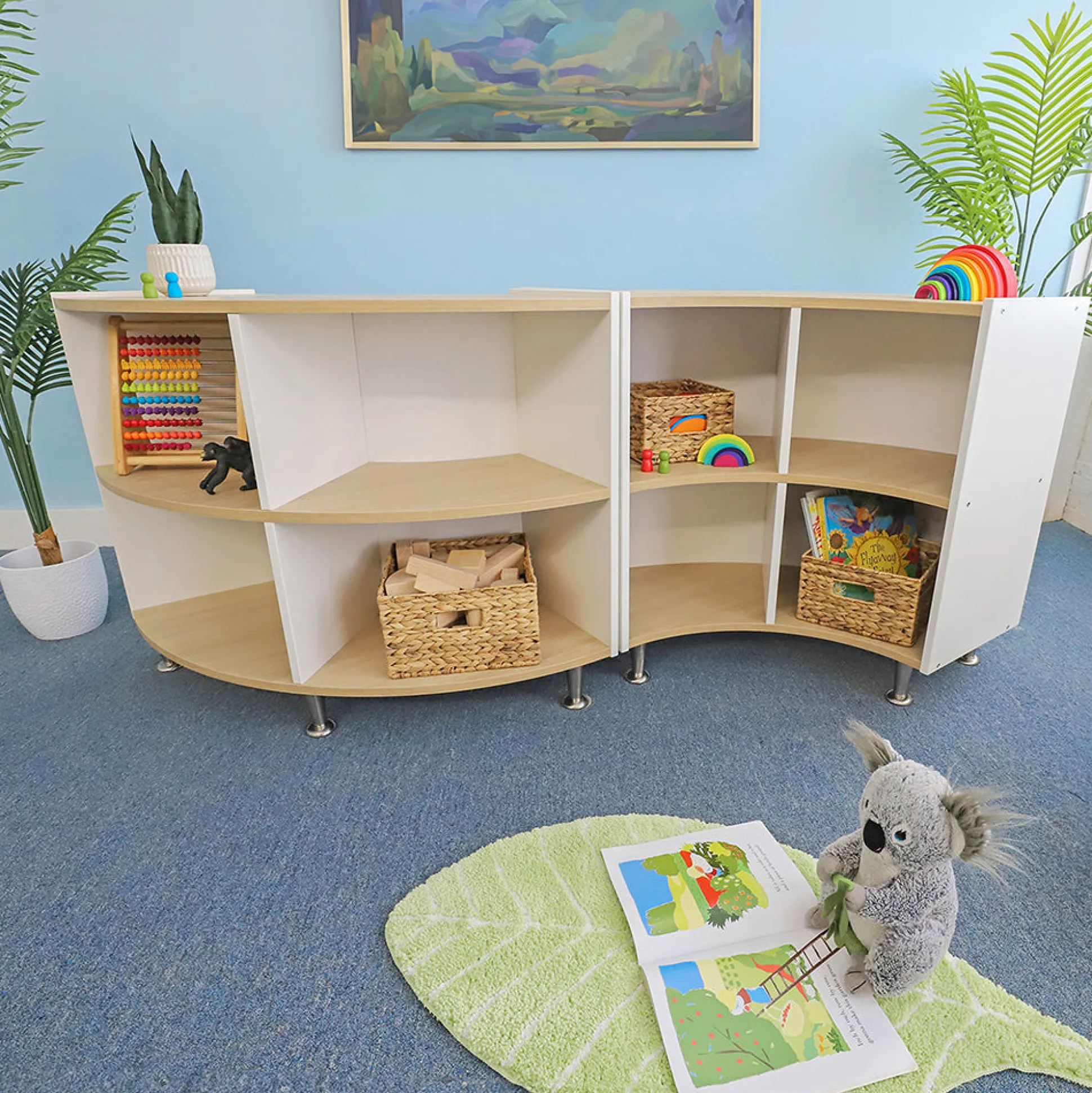 elevatED™ Curve In Storage Shelf | 33"H White Oak Classroom Cabinet with Curved Back