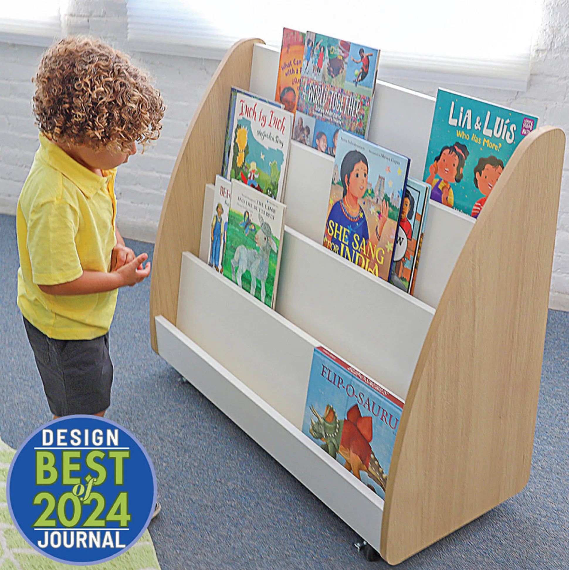 elevatED™ Mobile Book Display | Modern Classroom Book Browser with Cascading Shelves & Rear Markerboard