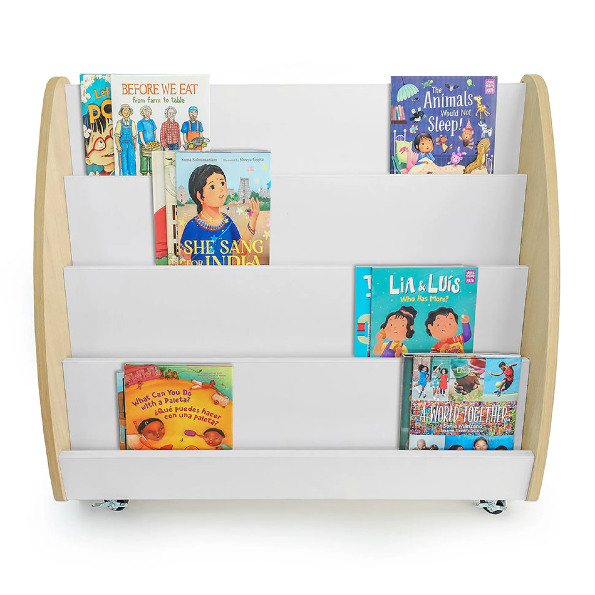elevatED™ Mobile Book Display | Modern Classroom Book Browser with Cascading Shelves & Rear Markerboard