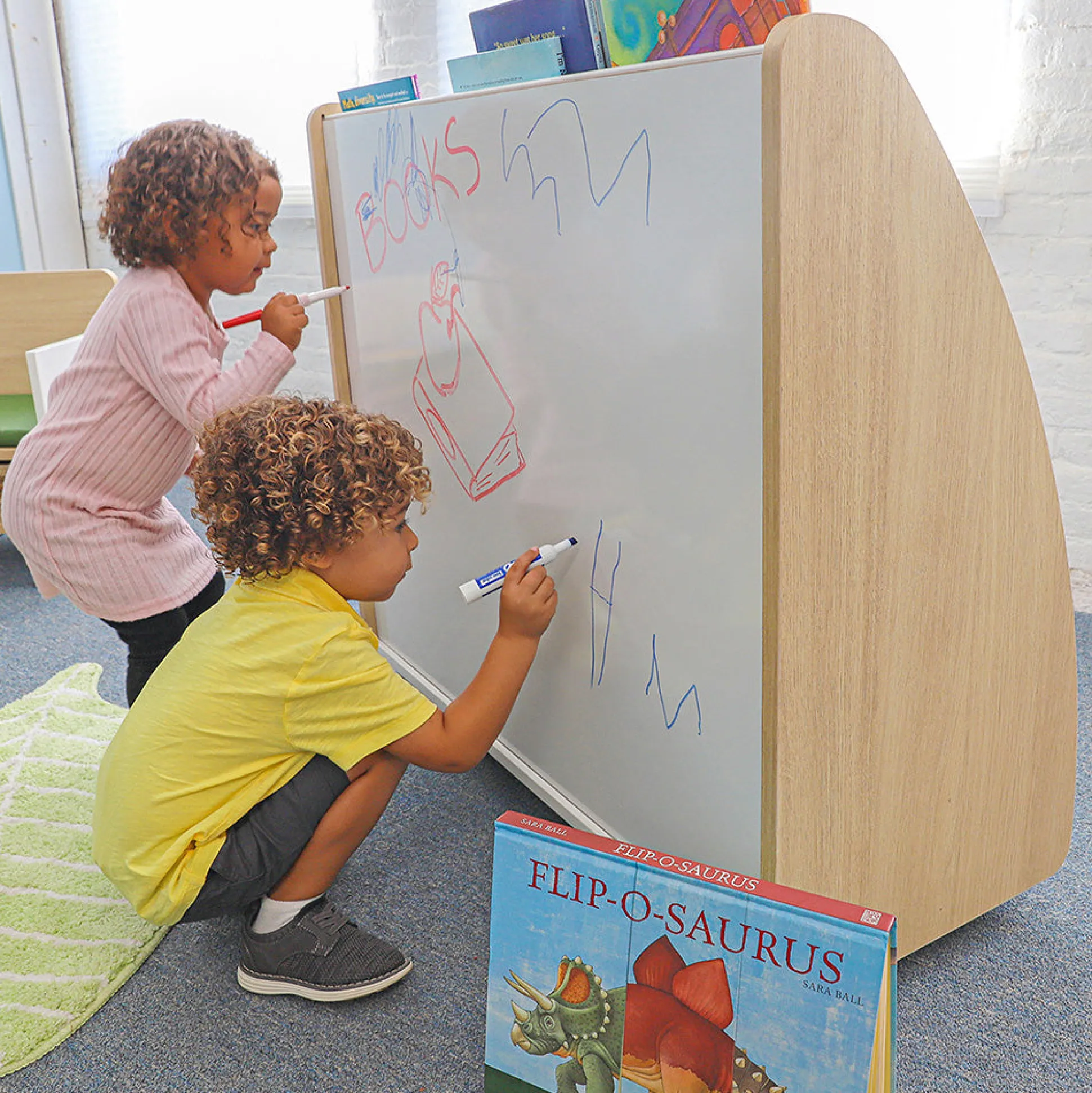 elevatED™ Mobile Book Display | Modern Classroom Book Browser with Cascading Shelves & Rear Markerboard