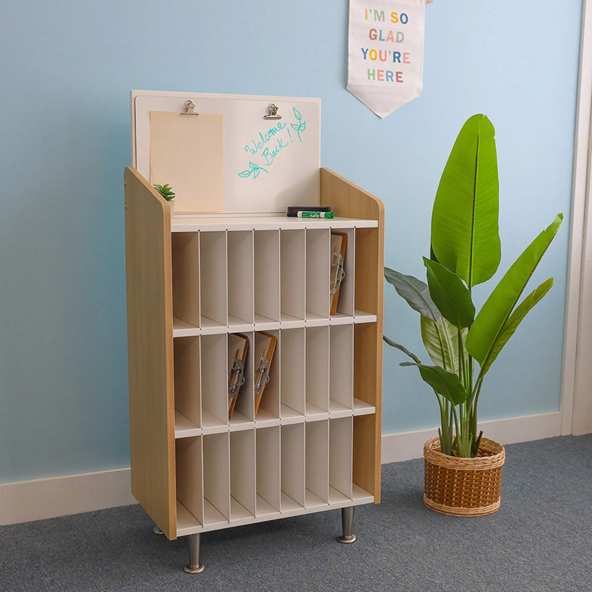 ElevatED™ Modern Classroom Mail & Message Center | White Oak Teacher Communication Hub with 24-Slot Organizer & Dry Erase Board