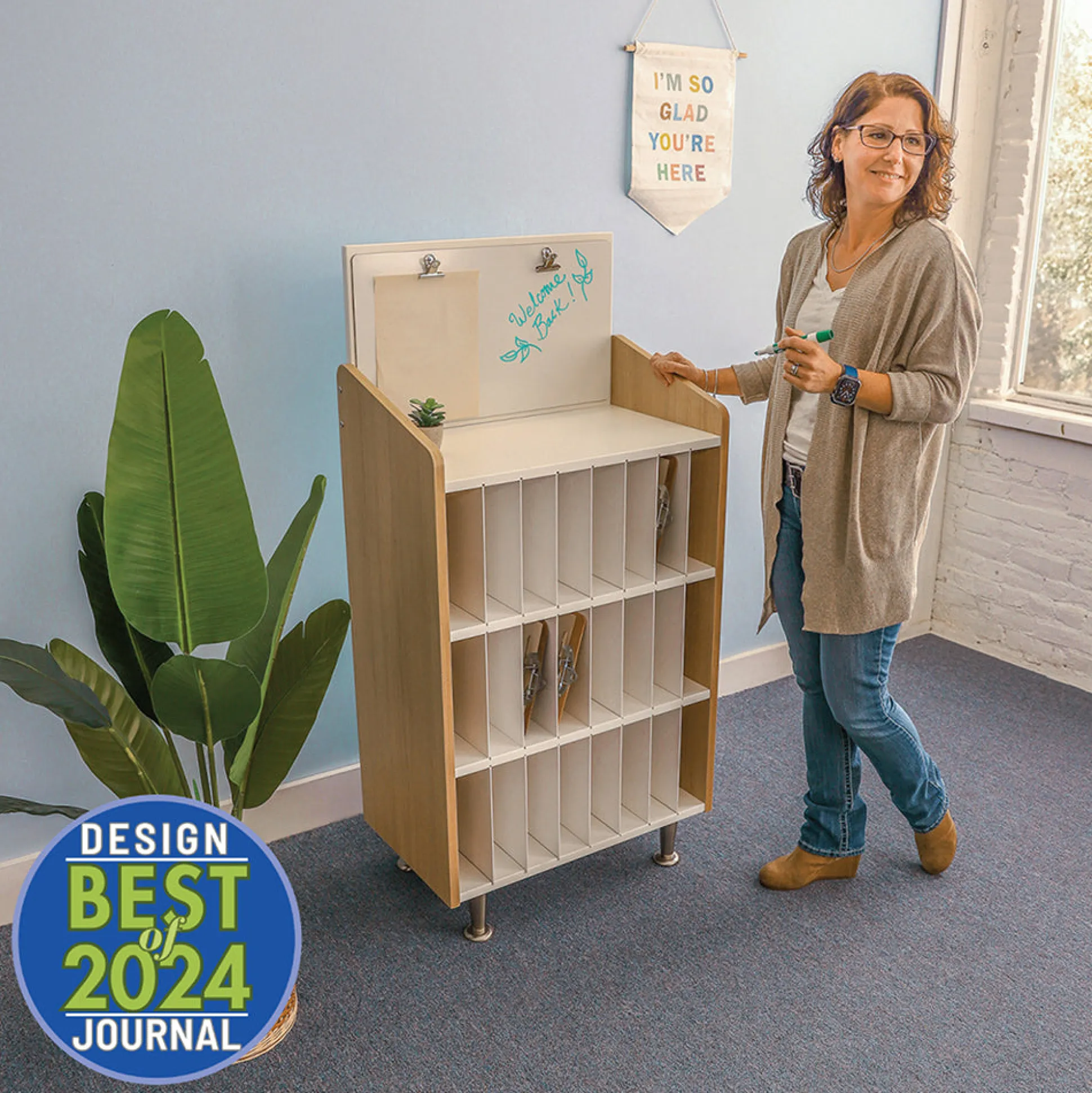 ElevatED™ Modern Classroom Mail & Message Center | White Oak Teacher Communication Hub with 24-Slot Organizer & Dry Erase Board