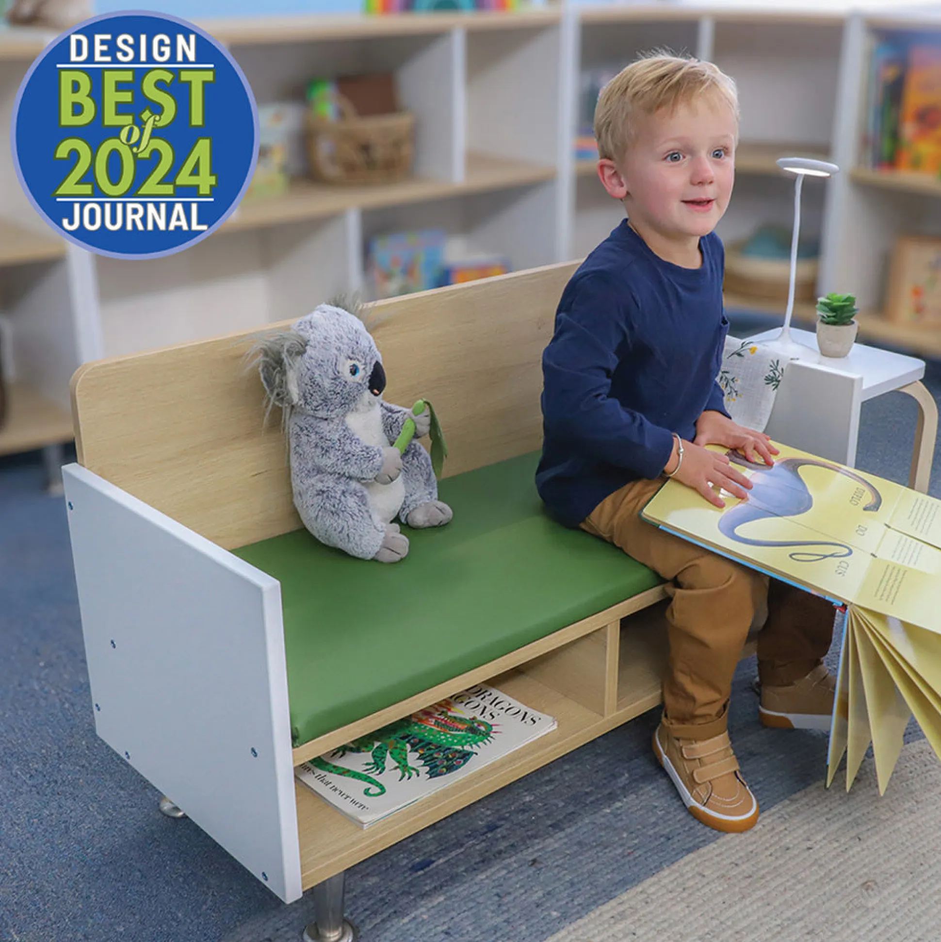 elevatED™ Modern Classroom Sofa with Storage | White Oak & Green Cushion Reading Bench for Kids