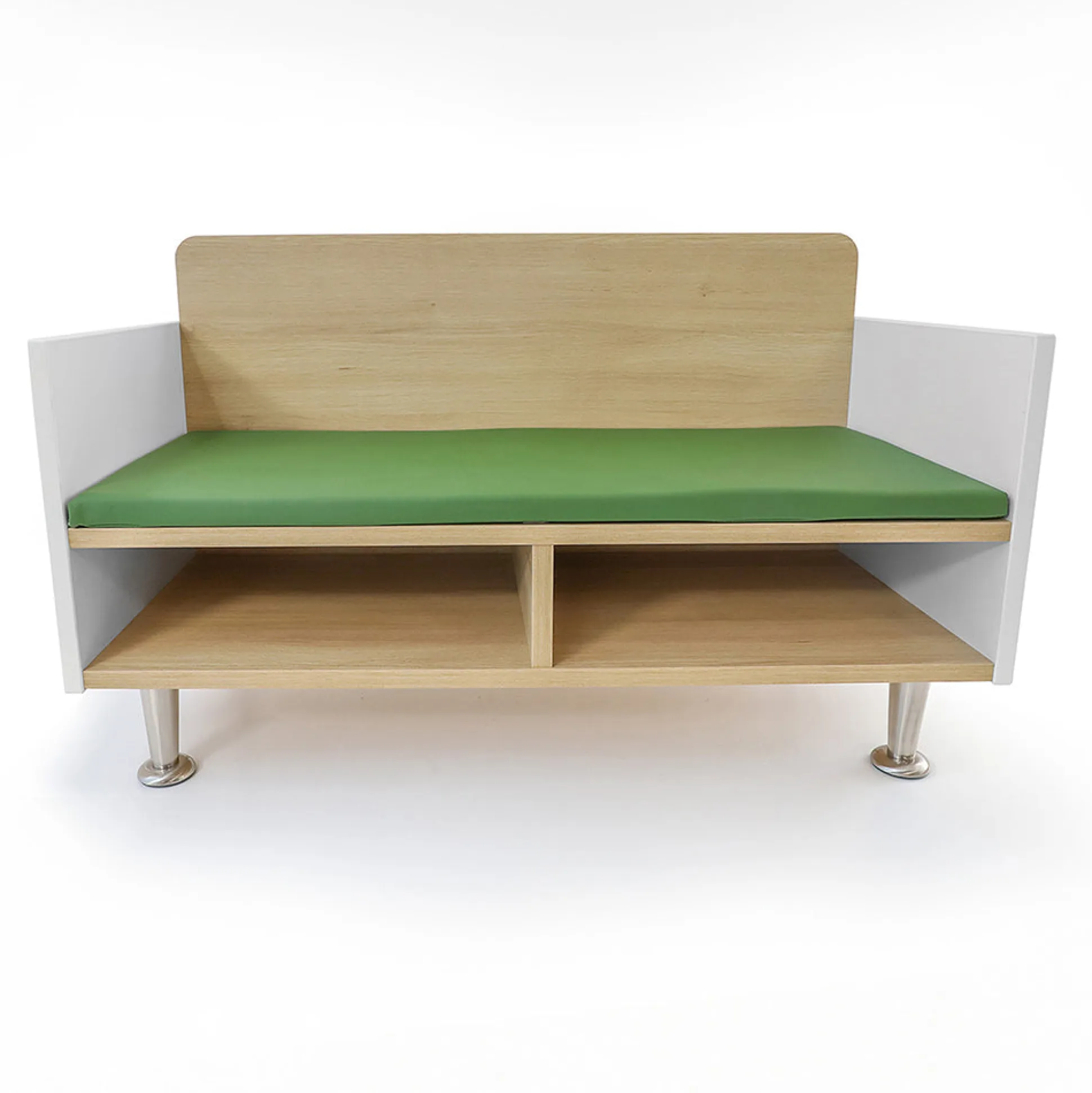 elevatED™ Modern Classroom Sofa with Storage | White Oak & Green Cushion Reading Bench for Kids