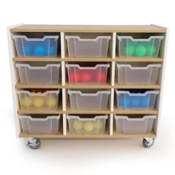 elevatED™ 12-Tray Mobile Storage Cabinet | Modern White Oak Classroom Organizer with Locking Casters