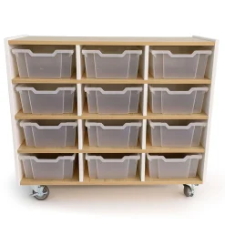 elevatED™ 12-Tray Mobile Storage Cabinet | Modern White Oak Classroom Organizer with Locking Casters