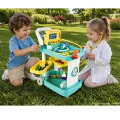 Emergency Medical Play Cart with 11 Accessories and Swiveling Storage Shelves