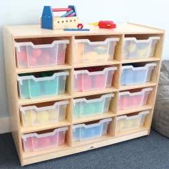Extra Deep Mobile Birch Tote Storage Unit with 12 Clear Trays