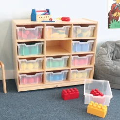 Extra Deep Mobile Birch Tote Storage Unit with 12 Clear Trays