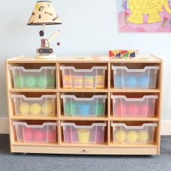 Extra Deep 9-Tray Birch Classroom Storage Unit with Clear Totes & Casters | Mobile Organizer