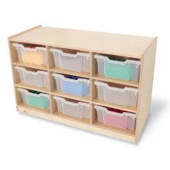 Extra Deep 9-Tray Birch Classroom Storage Unit with Clear Totes & Casters | Mobile Organizer