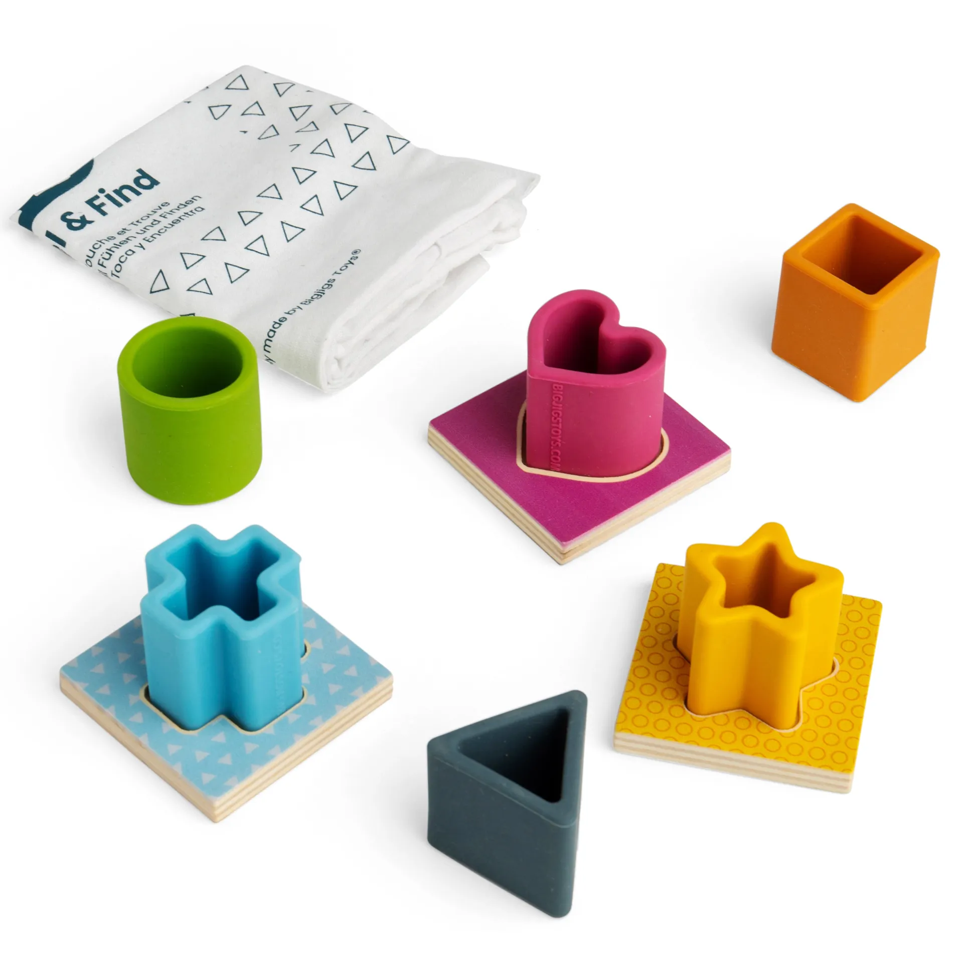 Feel and Find Matching Game | Sensory Shape Sorter with Silicone Pieces, Wooden Matching Boards & Drawstring Bag