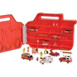 Fire Rescue Truck Carry Case with 22 Pieces – Die-Cast Fire Vehicles & Figures Playset for Kids