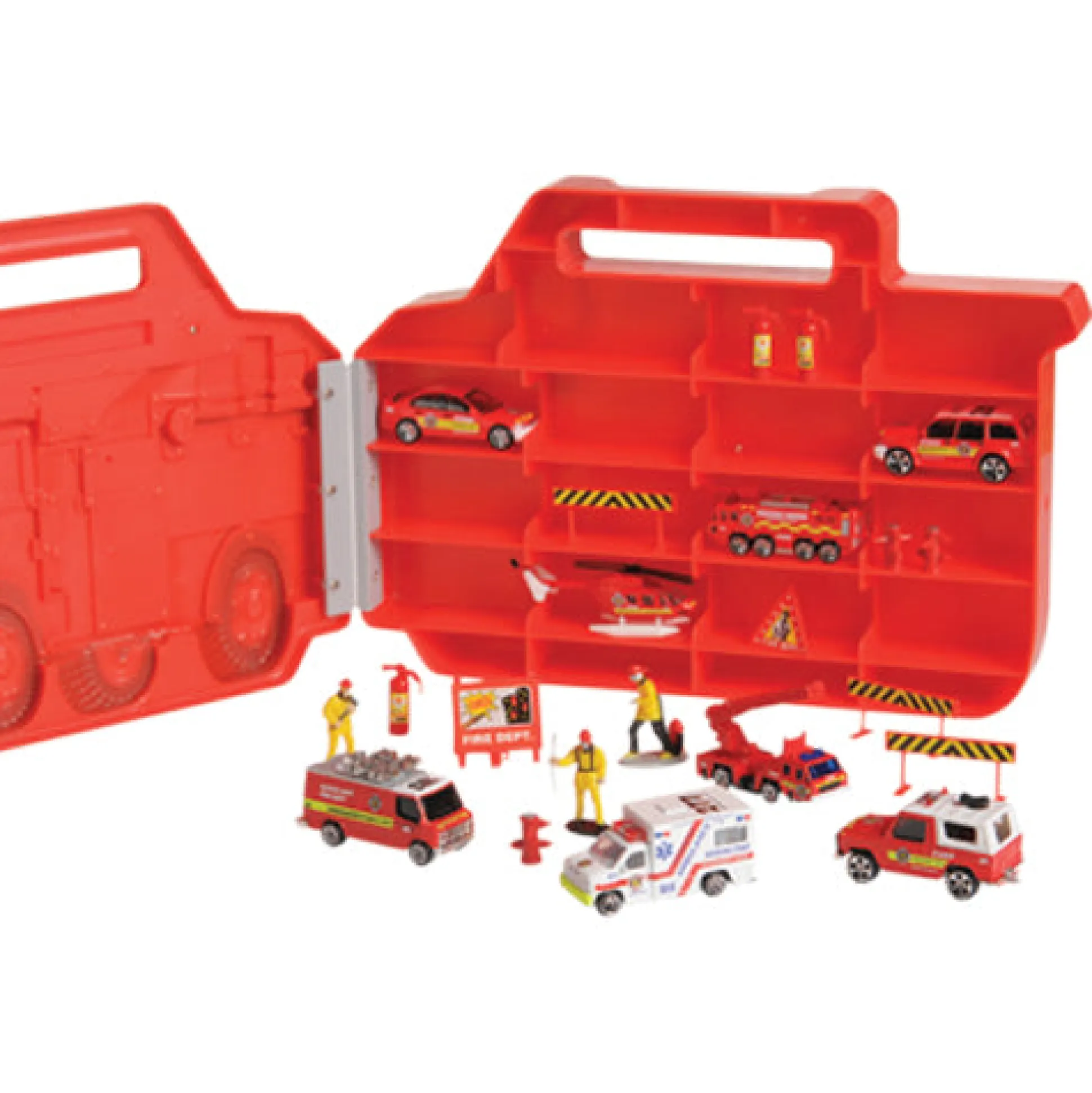 Fire Rescue Truck Carry Case with 22 Pieces – Die-Cast Fire Vehicles & Figures Playset for Kids